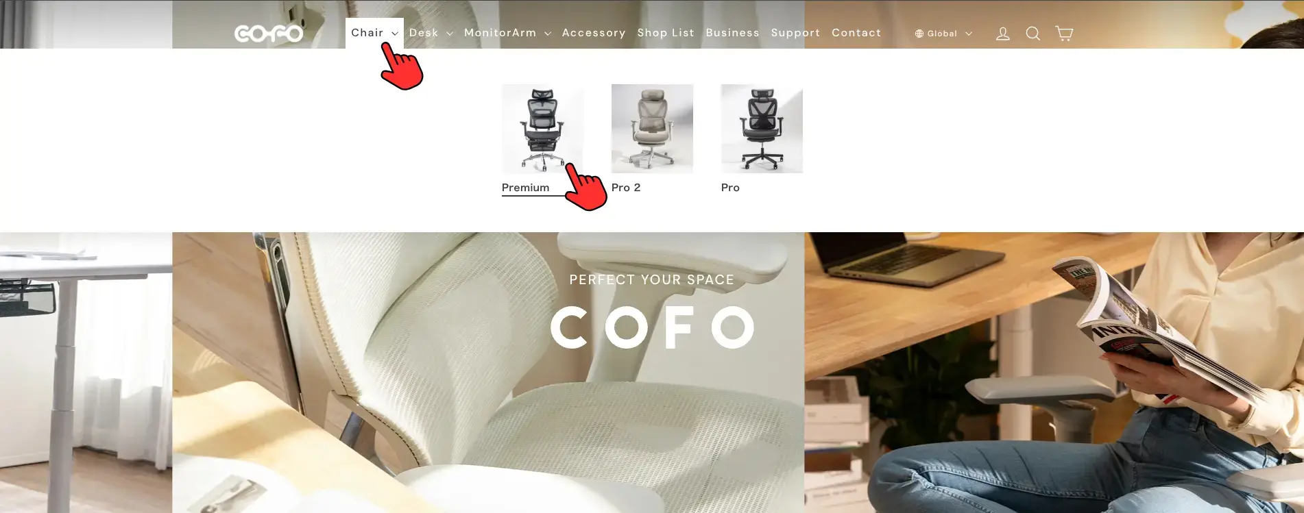 COFO公式サイトトップページメニューのChairにカーソルを合わせて、下に出てきたイスの画像をクリック。