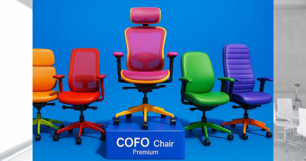 中央に高めに配置されたCOFO Chair Premiumと、左右に並ぶカラフルなオフィスチェアの3Dイメージ