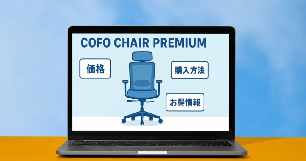 中央にCOFO Chair Premium、その周囲に「価格」「購入方法」「お得情報」と書かれた文字