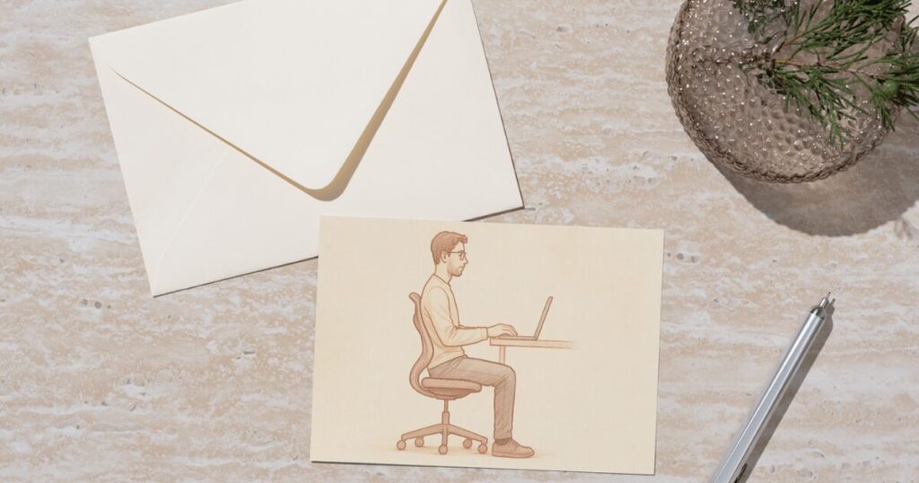 正しい姿勢で椅子に座る男性を横から描いたスケッチ風イメージ
