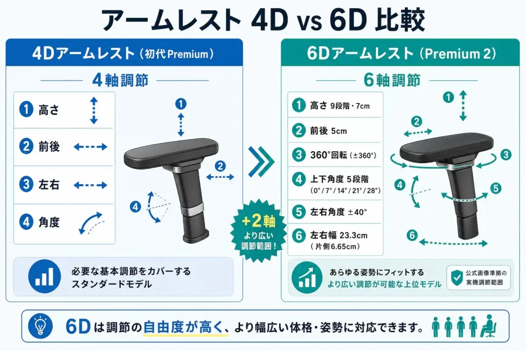 アームレスト4Dと6Dの違いを比較したインフォグラフィック。初代Premiumの4Dアームレストは高さ・前後・左右・角度の4軸調節、Premium 2の6Dアームレストは高さ9段階・前後5cm・360°回転・上下角度5段階・左右角度±40°・左右幅23.3cmの6軸調節に対応していることを図解している。