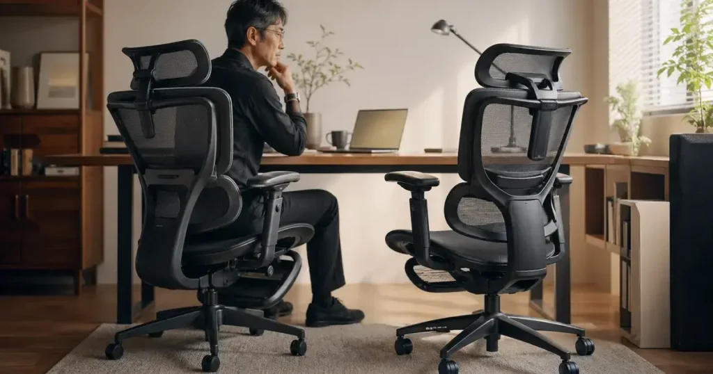 COFO Chair Premium 2と初代モデルの違いを比較するため、落ち着いた書斎に2脚の高機能オフィスチェアを並べ、男性が検討している様子