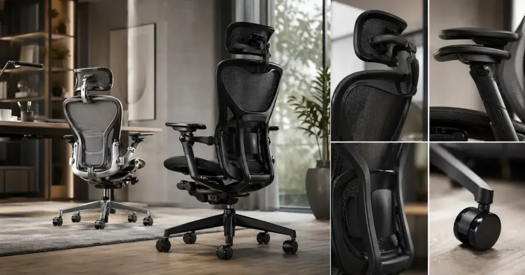 COFO Chair Premium 2と旧モデルの違いを比較するため、2脚の高機能メッシュチェアとヘッドレスト・アームレスト・ランバーサポート・キャスターの細部を並べたイメージ画像