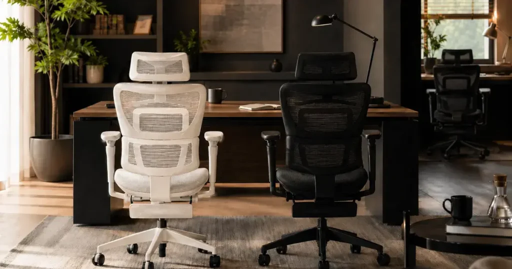 白と黒のエルゴノミクスチェアが並ぶ上質なワークスペース。COFO Chair Premium 2のカラー別価格差を比較検討するイメージ。