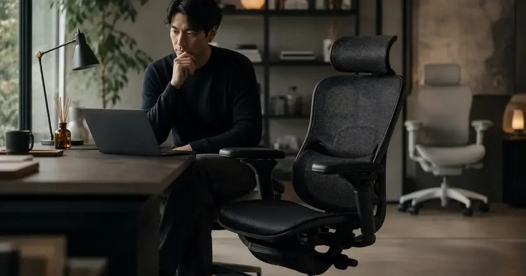 Premium 2への買い替えを検討する男性が、落ち着いたホームオフィスで黒い高機能チェアを見ながら考えている様子。