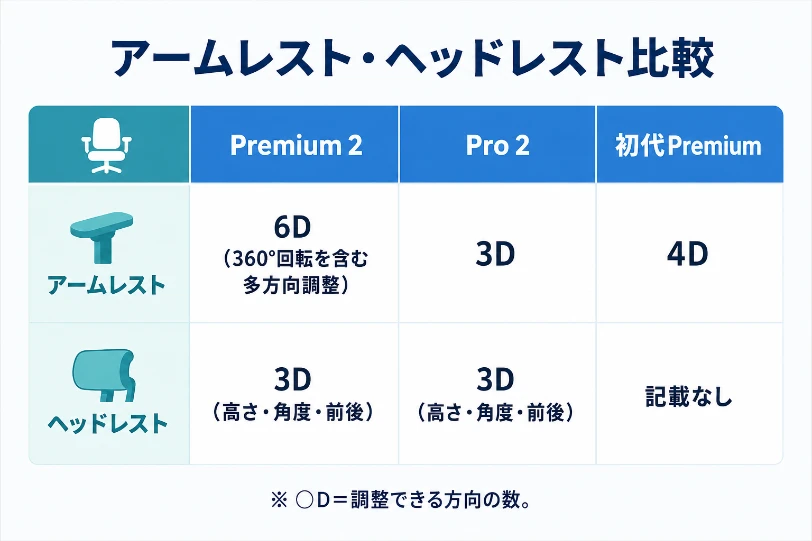 Premium2・Pro2・初代Premiumのアームレストとヘッドレストの調整方向を比較した表