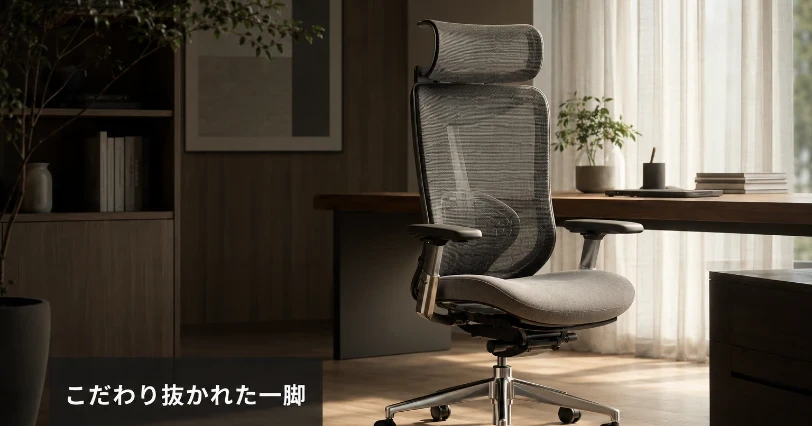 上質なエルゴノミクスチェアが置かれた洗練されたホームオフィスの写真。COFO Chair Premiumの概要と特徴を紹介するセクションの挿絵。