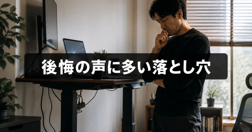 昇降デスク購入後の後悔につながる落とし穴を表す在宅デスクのイメージ画像。「後悔の声に多い落とし穴」のコピー入り