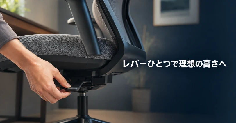 オフィスチェアのレバーを手で操作している写真。座面高さ調整機能の仕組みと使い方を解説するセクションの挿絵。