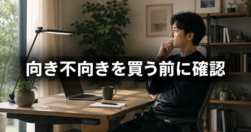 ホームオフィスの昇降デスクの前で購入を考え込む男性のイメージ画像。「向き不向きを買う前に確認」のコピー入り