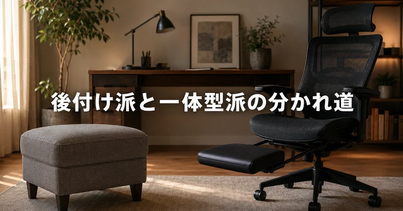単体オットマンとフットレスト一体型オフィスチェアを並べてどちらを選ぶか迷う在宅ワークの部屋