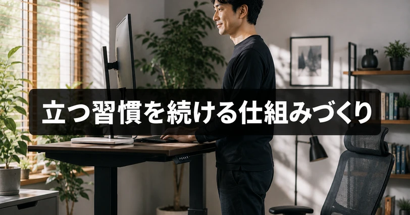 立ち作業と座り作業を切り替えながら働くワークスペースのイメージ画像。「立つ習慣を続ける仕組みづくり」のコピー入り