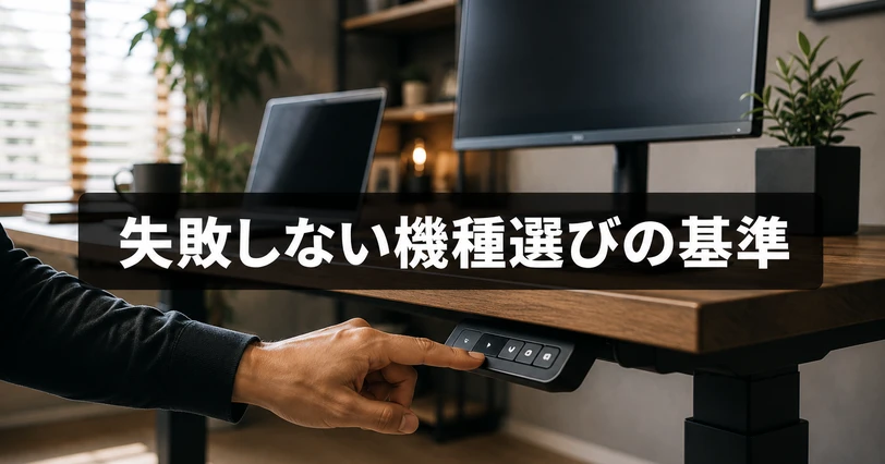 電動昇降デスクのスペックを確認して機種を選ぶ場面のイメージ画像。「失敗しない機種選びの基準」のコピー入り