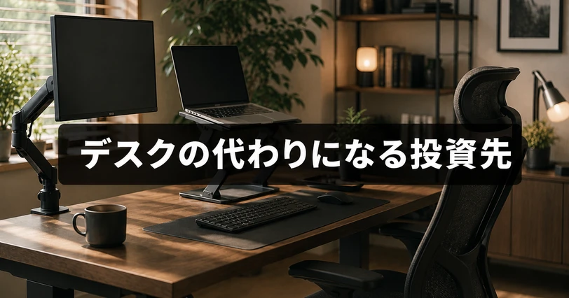 昇降デスク以外の選択肢で作業環境を整えることを検討するイメージ画像。「デスクの代わりになる投資先」のコピー入り