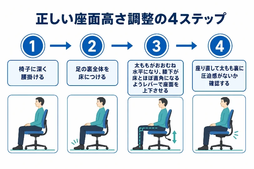正しい座面高さ調整の4ステップ(深く腰掛ける→足裏を床につける→太もも水平・膝下直角に調整→圧迫感の確認)を示すインフォグラフィック。