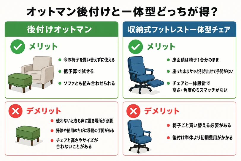 後付けオットマンと収納式フットレスト一体型チェアのメリットとデメリットを対比した比較図