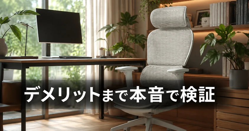 明るいホームオフィスに置かれたライトグレーのCOFO Chair Pro 2と「デメリットまで本音で検証」のコピーが入ったアイキャッチ画像