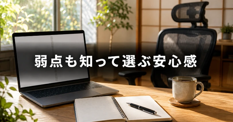 ノートとノートPCとマグカップを置いた机で購入前にじっくり検討する場面のイメージ。デメリットと対処法の章の導入画像