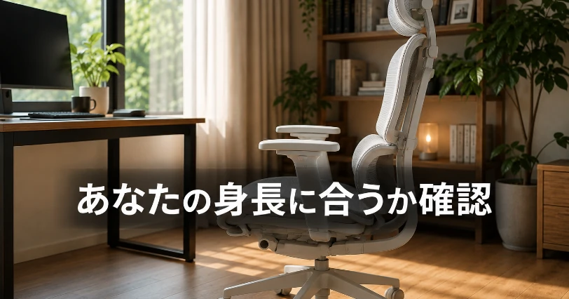 木の床の部屋でCOFO Chair Pro 2を真横から写し、座面の高さ感が分かるカット。身長・体格別の相性の章のイメージ