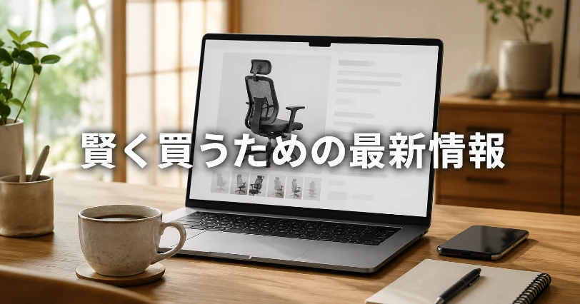 ノートPCでオンラインストアを見ながら購入検討するデスクの様子。価格・クーポン・保証をチェックする章の導入画像