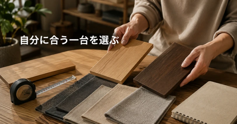 明るい木目とダークブラウンの木材サンプルを両手で見比べている様子。色・サイズの選び方の章の導入イメージ