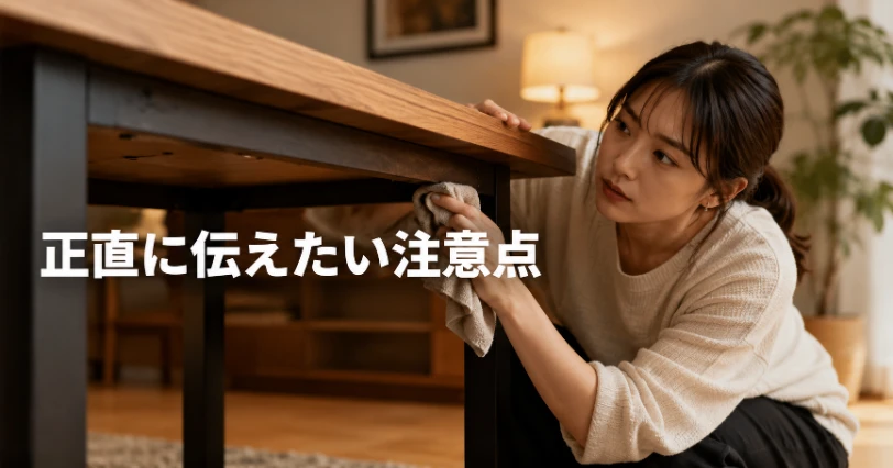 デスクの天板裏をのぞき込み布で手入れしている様子。気になった点・デメリットの章の導入イメージ