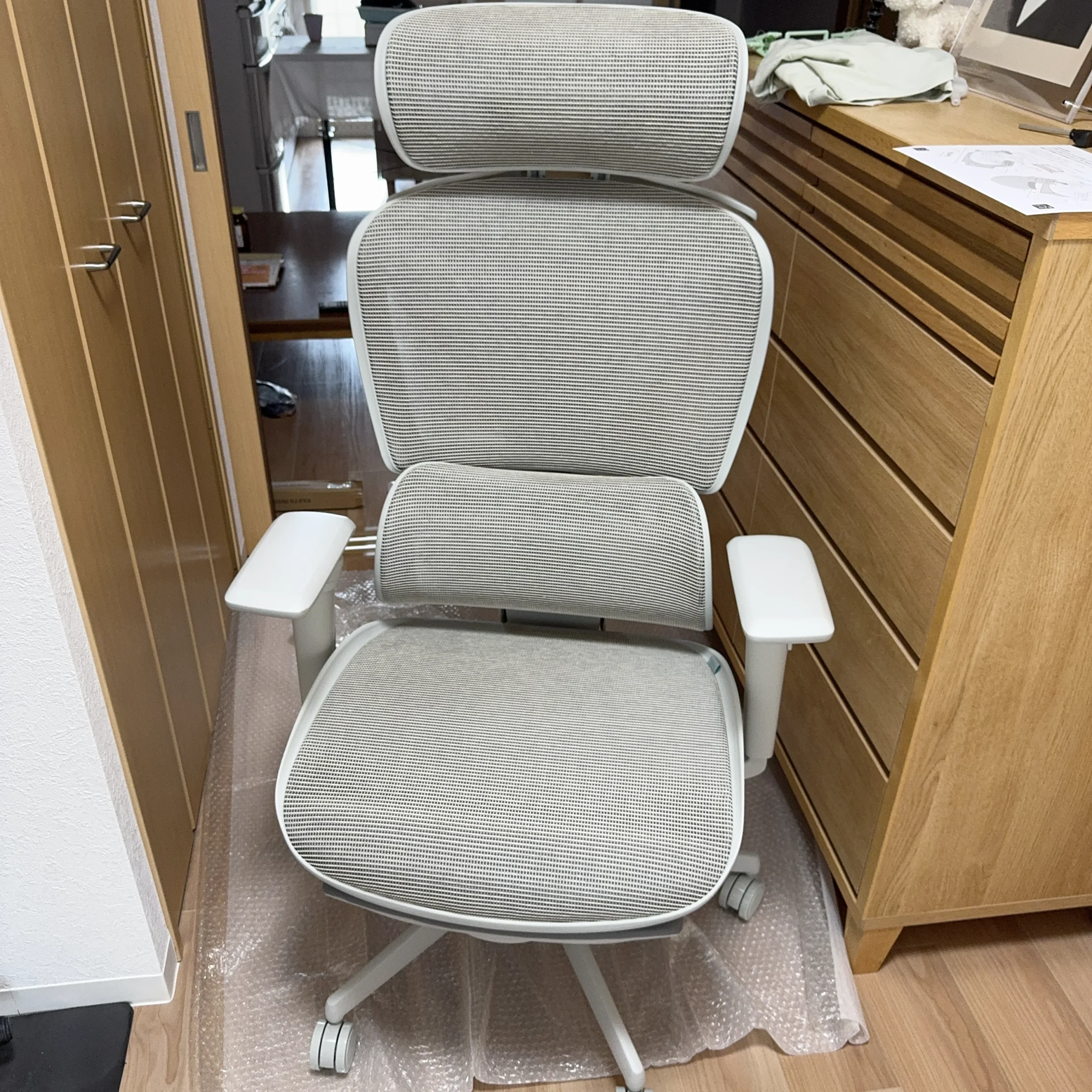 正面から撮影したCOFO Chair Pro 2の全体。ヘッドレストから座面までライトグレーのメッシュ(著者私物)