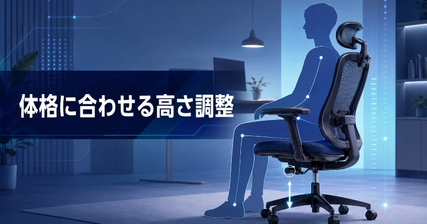 青を基調にしたモダンなホームオフィスで、体の輪郭ラインとともに座面の高さ調整を示すイメージ画像。デスクワークの椅子選びを解説する記事のアイキャッチ。