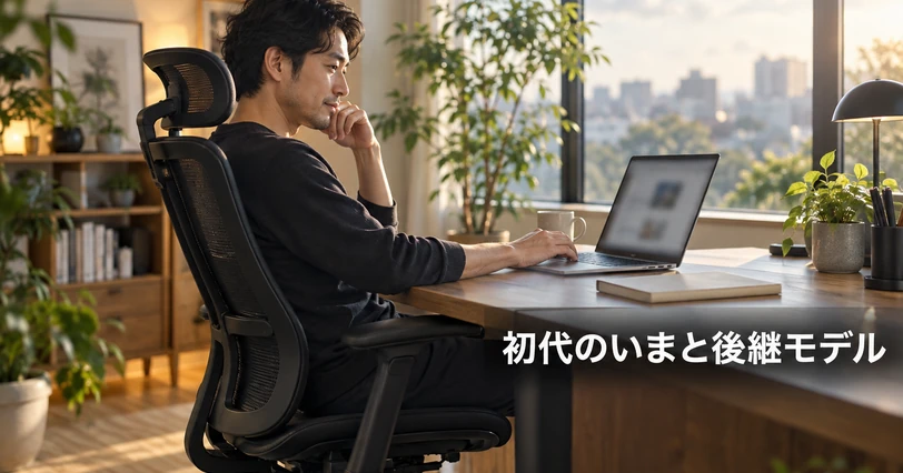 ホームオフィスでメッシュチェアに座り、ノートパソコンで情報を確かめている人物の写真。初代の販売状況と現行3モデルを整理するセクションの挿絵。