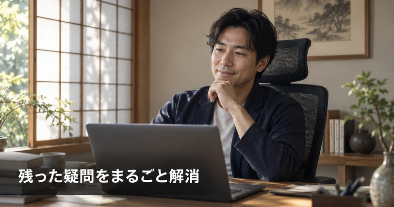 落ち着いた書斎で考え事をする人物の写真。よくある質問(Q&A)セクションの挿絵。