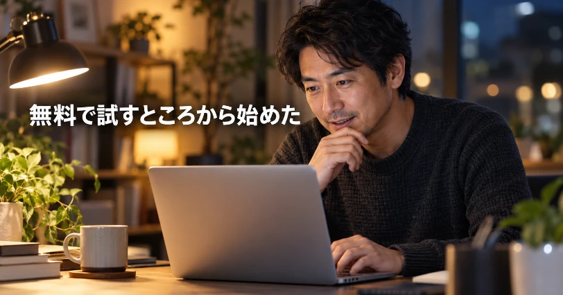 夜のデスクでデスクライトに照らされ、ノートパソコンで新しいアプリを試す男性。Macへの導入と初期設定の章の挿絵