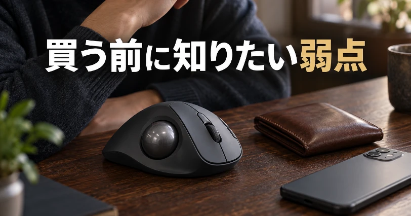 木のデスクにトラックボールと財布、伏せたスマートフォンが並ぶ。不満の章の導入イメージ