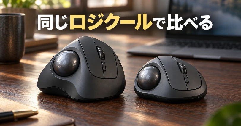 大きさの違う2台の親指操作トラックボールを木のデスクに並べた様子。比較の章の導入イメージ