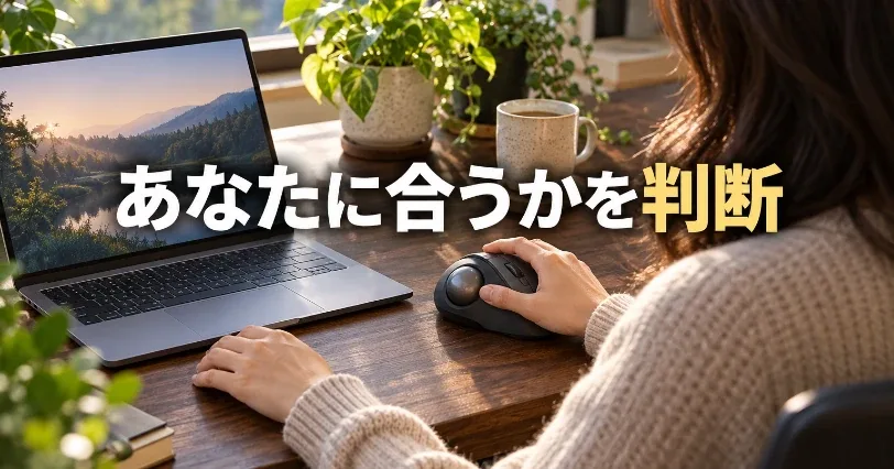 窓際のデスクで右手をトラックボールに、左手を机に置く人の後ろ姿。向いている人の章の導入イメージ