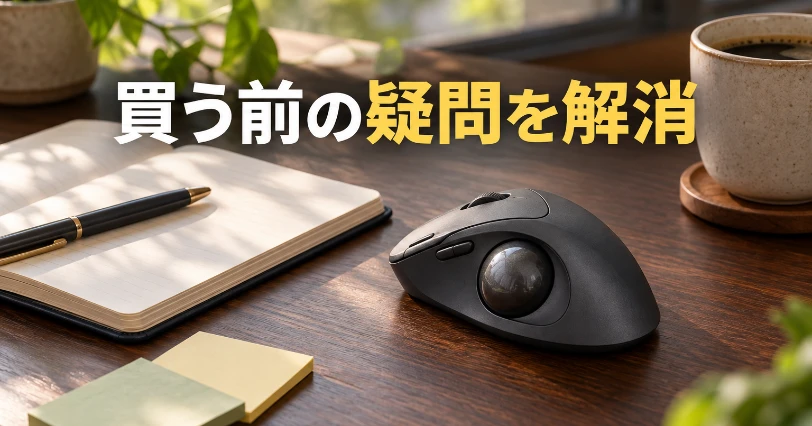 トラックボールとノート、ペン、付箋、コーヒーが並ぶ木のデスク。よくある質問の章の導入イメージ